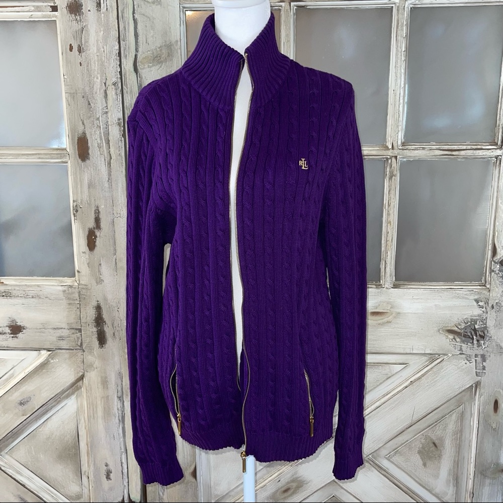 Lauren Ralph Lauren purple braided knit zip up sweater size XL